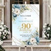 Romantic boho blue florals gold frame 90 birthday ポスター