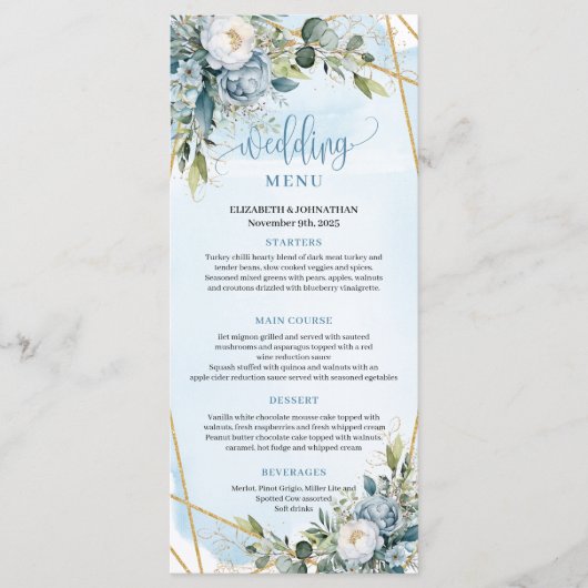 Romantic Boho Blue Peonies White Gold Dinner Menu メニュー (正面)