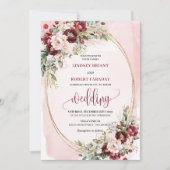 Romantic Boho Burgundy Blush Gold Floral Invite 招待状 (正面)