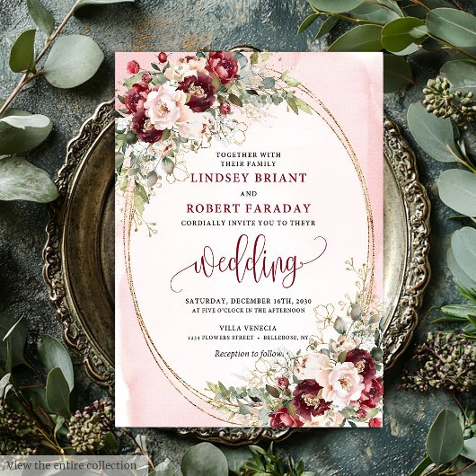 Romantic Boho Burgundy Blush Gold Floral Invite 招待状