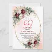 Romantic Boho Burgundy Eucalyptus Gold Baby Shower 招待状 (正面)