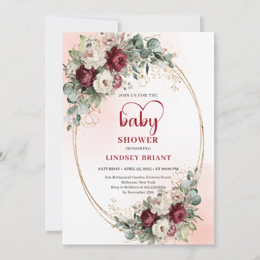 Romantic Boho Burgundy Eucalyptus Gold Baby Shower 招待状 (正面)