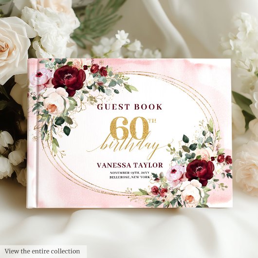 Romantic Boho Burgundy Floral 60th Birthday ゲストブック