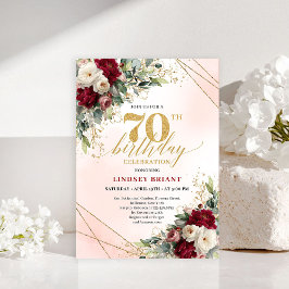 Romantic Boho Burgundy Floral Happy 70th Invitе 招待状