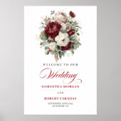 Romantic Boho Burgundy Flowers Greenery Welcome  ポスター (正面)