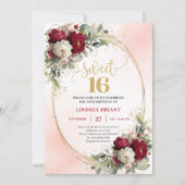 Romantic Boho Burgundy Gold Floral Sweet Sixteen  招待状 (正面)