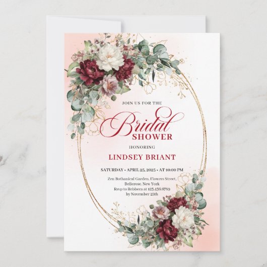 Romantic Boho Burgundy Greenery Gold Bridal Shower 招待状 (正面)