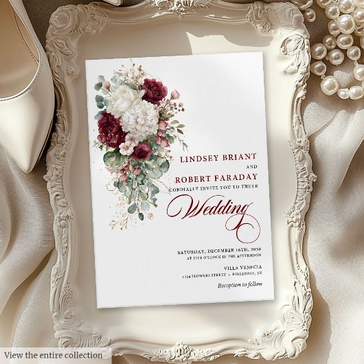 Romantic Boho Burgundy White Rose Wedding Invite 招待状