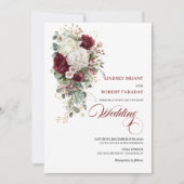 Romantic Boho Burgundy White Rose Wedding Invite 招待状 (正面)
