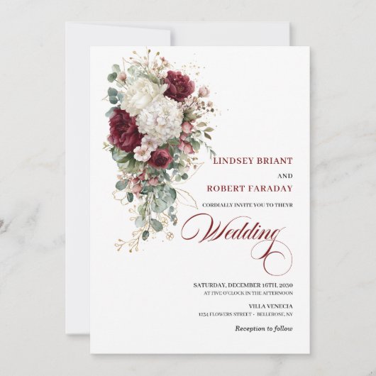 Romantic Boho Burgundy White Rose Wedding Invite 招待状 (正面)