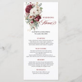 Romantic Boho Burgundy White Rose Wedding Menu メニュー (正面)