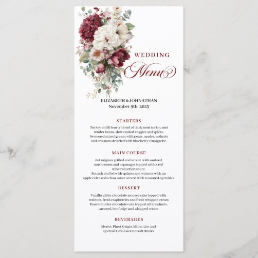 Romantic Boho Burgundy White Rose Wedding Menu メニュー (正面)