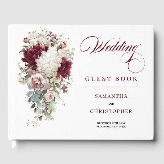 Romantic Boho Burgundy White Wedding Guest Book ゲストブック (正面)