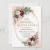 Romantic Boho Deep Red Flowers Gold Quince Invite 招待状 (正面)