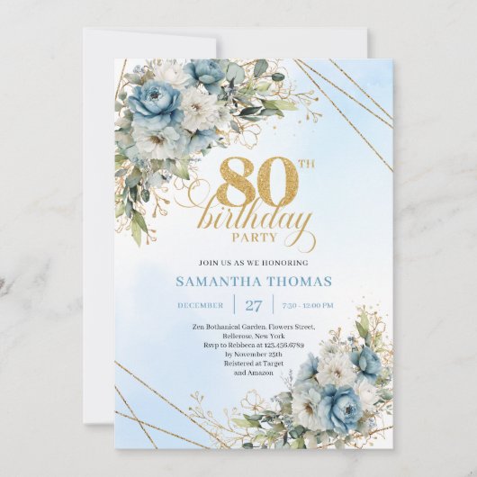 Romantic Boho Dusty Blue Floral Gold 80th Birthday 招待状 (正面)