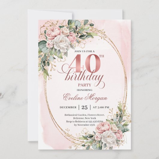 Romantic Boho Dusty Pink Flowers 40th Birthday  招待状 (正面)