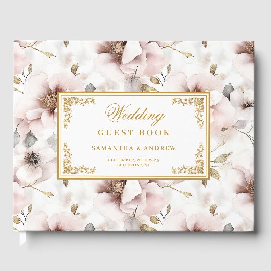 Romantic boho dusty pink flowers gold wedding  ゲストブック (正面)