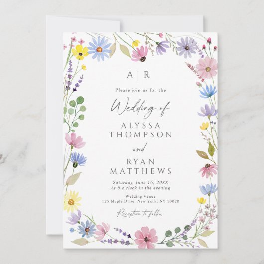 Romantic Boho Garden Wildflower Monogram Wedding 招待状 (正面)