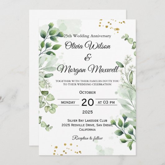 Romantic Boho Greenery Wedding Anniversary Invitat 招待状 (正面/裏面)
