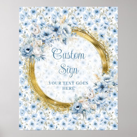 Romantic Boho Light Blue Gold Wedding Custom Sign ポスター (正面)