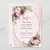 Romantic Boho Maroon Blush Gold Flowers Save Date 招待状 (正面)