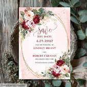 Romantic Boho Maroon Blush Gold Flowers Save Date 招待状