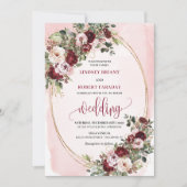 Romantic Boho Marsala Blush Gold Roses Wedding 招待状 (正面)