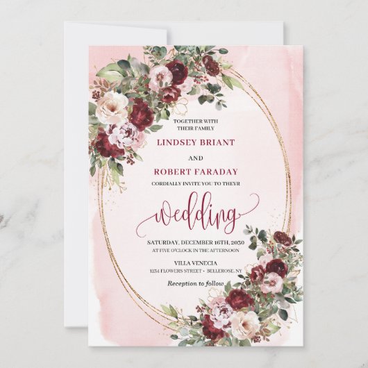 Romantic Boho Marsala Blush Gold Roses Wedding  招待状 (正面)
