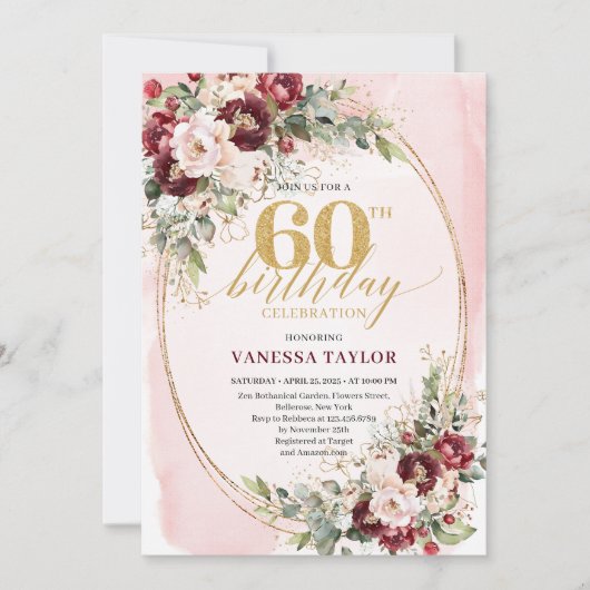Romantic Boho Marsala Gold Floral 60th Birthday 招待状 (正面)