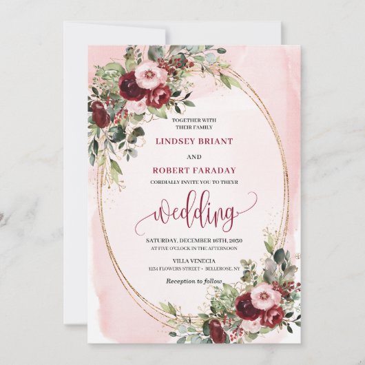 Romantic Boho Marsala Gold Floral Wedding Invite 招待状 (正面)