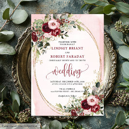 Romantic Boho Marsala Gold Floral Wedding Invite 招待状