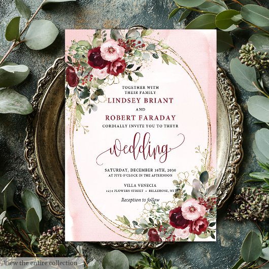 Romantic Boho Marsala Gold Floral Wedding Invite 招待状