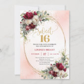 Romantic Boho Merlot Gold Floral Sweet Sixteen  招待状 (正面)