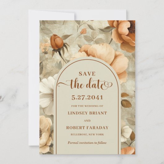 Romantic Boho Rust Ivory Floral Save The Date 招待状 (正面)
