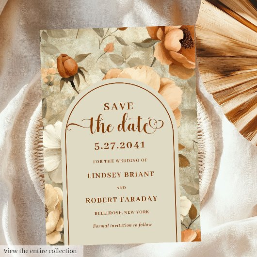 Romantic Boho Rust Ivory Floral Save The Date 招待状