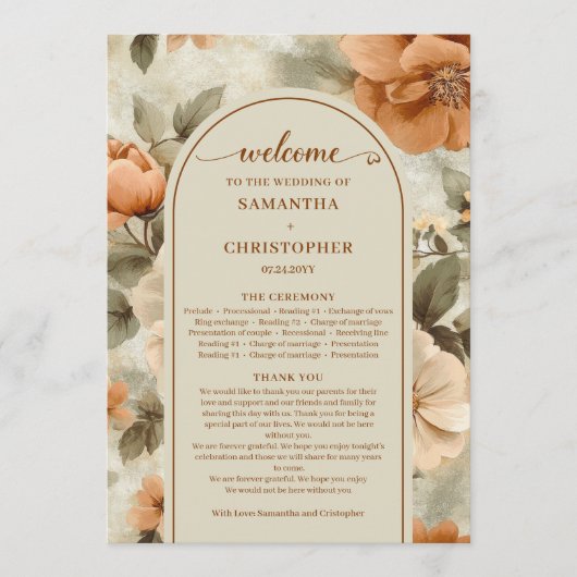 Romantic Boho Rust Ivory Olive Sage Floral Wedding プログラム (正面)