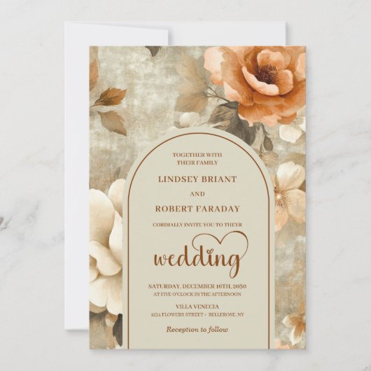 Romantic Boho Terracotta Olive Flower Wedding  招待状 (正面)
