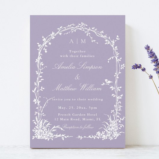 Romantic Botanical Arch Garden Lavender Wedding 招待状