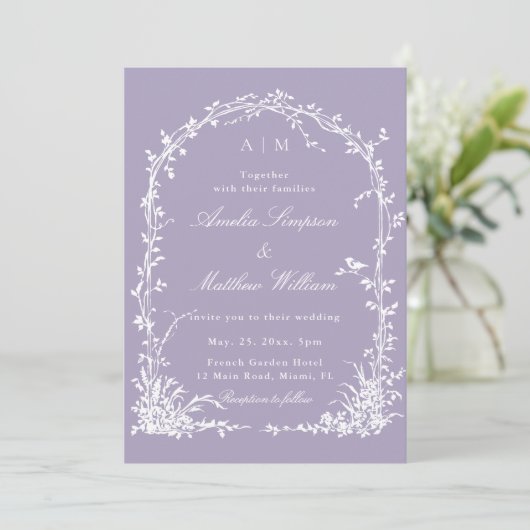 Romantic Botanical Arch Garden Lavender Wedding 招待状 (スタンド正面)