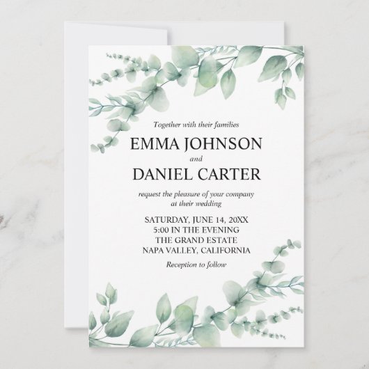 Romantic Botanical Eucalyptus Greenery Wedding 招待状 (正面)