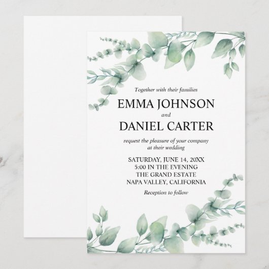 Romantic Botanical Eucalyptus Greenery Wedding 招待状 (正面/裏面)