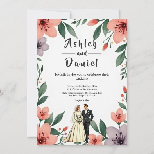 Romantic Bride And Groom Floral Garden Wedding 招待状 (正面)