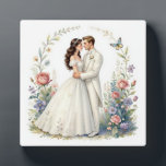 Romantic Bride Groom Floral Elegant Wedding Couple フォトプラーク<br><div class="desc">Romantic watercolor-style bride and groom embracing forehead-to-forehead in elegant off-shoulder wedding gown and tuxedo, framed by delicate floral vines, roses, wildflowers, butterflies and soft pastel garden background. Ethereal, dreamy, vintage-inspired illustration perfect for wedding decor, anniversary gifts, romantic wall art, bridal shower, invitations, canvas prints, posters, t-shirts, mugs, pillows, tote bags...</div>