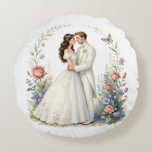 Romantic Bride Groom Floral Elegant Wedding Couple ラウンドクッション<br><div class="desc">Romantic watercolor-style bride and groom embracing forehead-to-forehead in elegant off-shoulder wedding gown and tuxedo, framed by delicate floral vines, roses, wildflowers, butterflies and soft pastel garden background. Ethereal, dreamy, vintage-inspired illustration perfect for wedding decor, anniversary gifts, romantic wall art, bridal shower, invitations, canvas prints, posters, t-shirts, mugs, pillows, tote bags...</div>