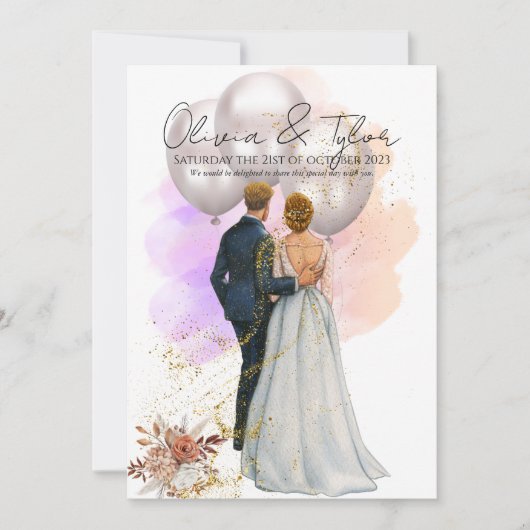 Romantic Bride & Groom with Balloons 招待状 (正面)