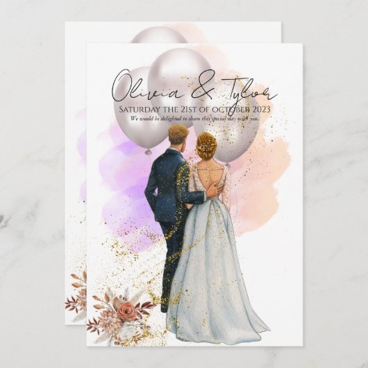 Romantic Bride & Groom with Balloons 招待状 (正面/裏面)