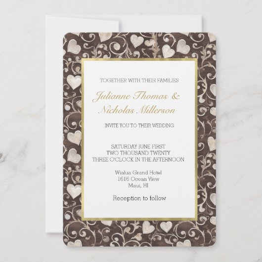 Romantic Brown Cream Hearts Wedding 招待状 (正面)