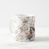 Romantic Brown Hair Girl Peach Roses Floral コーヒーマグカップ (正面左)