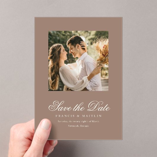 Romantic Brown Photo Elegant Wedding Save the Date アクリル招待状 (インサイチュ (ポータブル))
