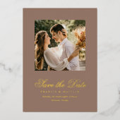 Romantic Brown Photo Elegant Wedding Save the Date 箔招待状 (正面)